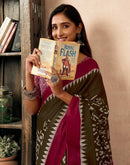 Ready To Wear Brown Cotton Printed Saree With Pocket