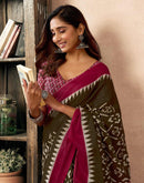 Ready To Wear Brown Cotton Printed Saree With Pocket
