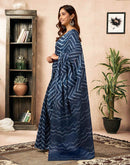Ready To Wear Blue Cotton Printed Saree With Pocket