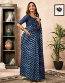 Ready To Wear Blue Cotton Printed Saree With Pocket