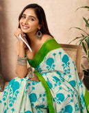 Ready To Wear Off White Cotton Printed Saree With Pocket