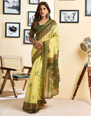 Ready To Wear Lemon Green Chanderi Cotton Printed Saree