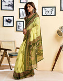 Ready To Wear Lemon Green Chanderi Cotton Printed Saree