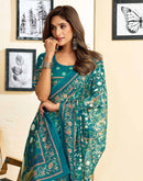 Ready To Wear Teal Blue Linen Printed Saree