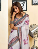 Ready To Wear Off White Linen Floral Printed Saree