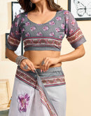 Ready To Wear Off White Linen Floral Printed Saree
