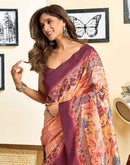 Ready To Wear Peach Silk Printed Saree