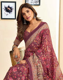 Ready To Wear Dusty Wine Linen Floral Printed Saree
