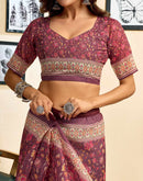 Ready To Wear Dusty Wine Linen Floral Printed Saree