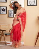 Ready To Wear Red Linen Floral Printed Saree