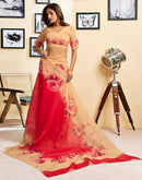 Ready To Wear Red Linen Floral Printed Saree