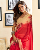 Ready To Wear Red Linen Floral Printed Saree