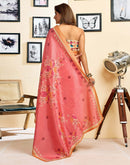 Ready To Wear Coral Pink Silk Printed Saree