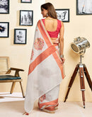 Ready To Wear White Linen Printed Saree