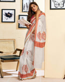 Ready To Wear White Linen Printed Saree