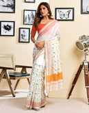 Ready To Wear Off White Linen Floral Printed Saree
