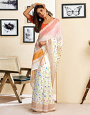 Ready To Wear Off White Linen Floral Printed Saree