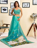 Ready To Wear Turquoise Blue Linen Floral Printed Saree