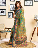 Ready To Wear Turquoise Linen Printed Saree