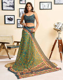 Ready To Wear Turquoise Linen Printed Saree