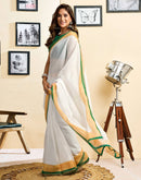 Ready To Wear White Linen Printed Saree
