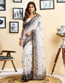 Ready To Wear White Linen Printed Saree