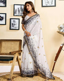 Ready To Wear White Linen Printed Saree