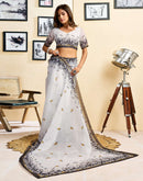 Ready To Wear White Linen Printed Saree