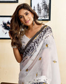 Ready To Wear White Linen Printed Saree