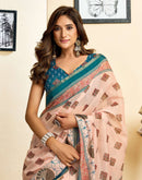 Ready To Wear Peach Linen Printed Saree