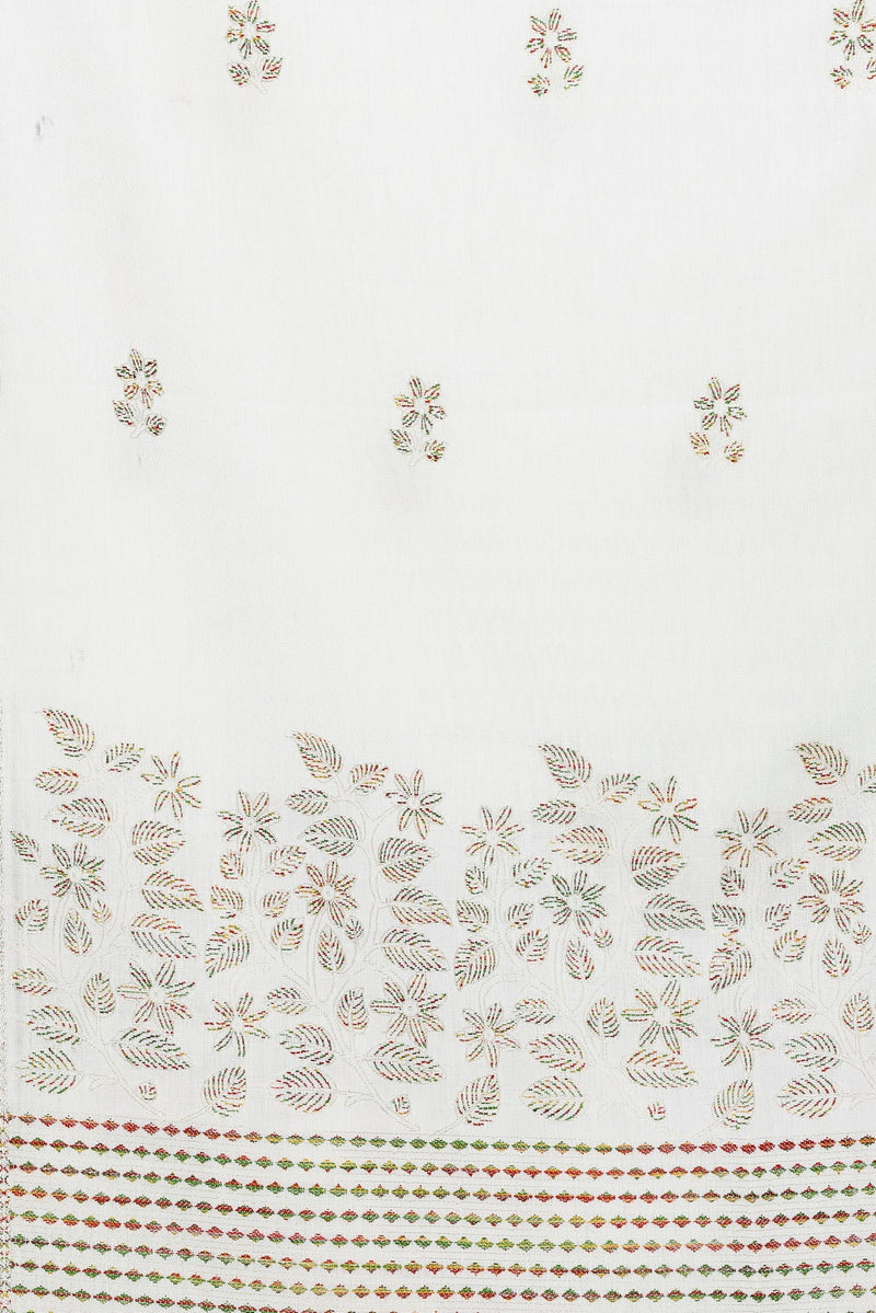 KRITI Floral Border Woollen White Color Stole For Girl