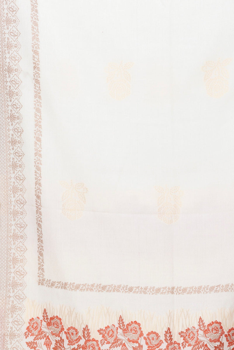 KRITI Floral Border Woollen White Color Stole For Girl