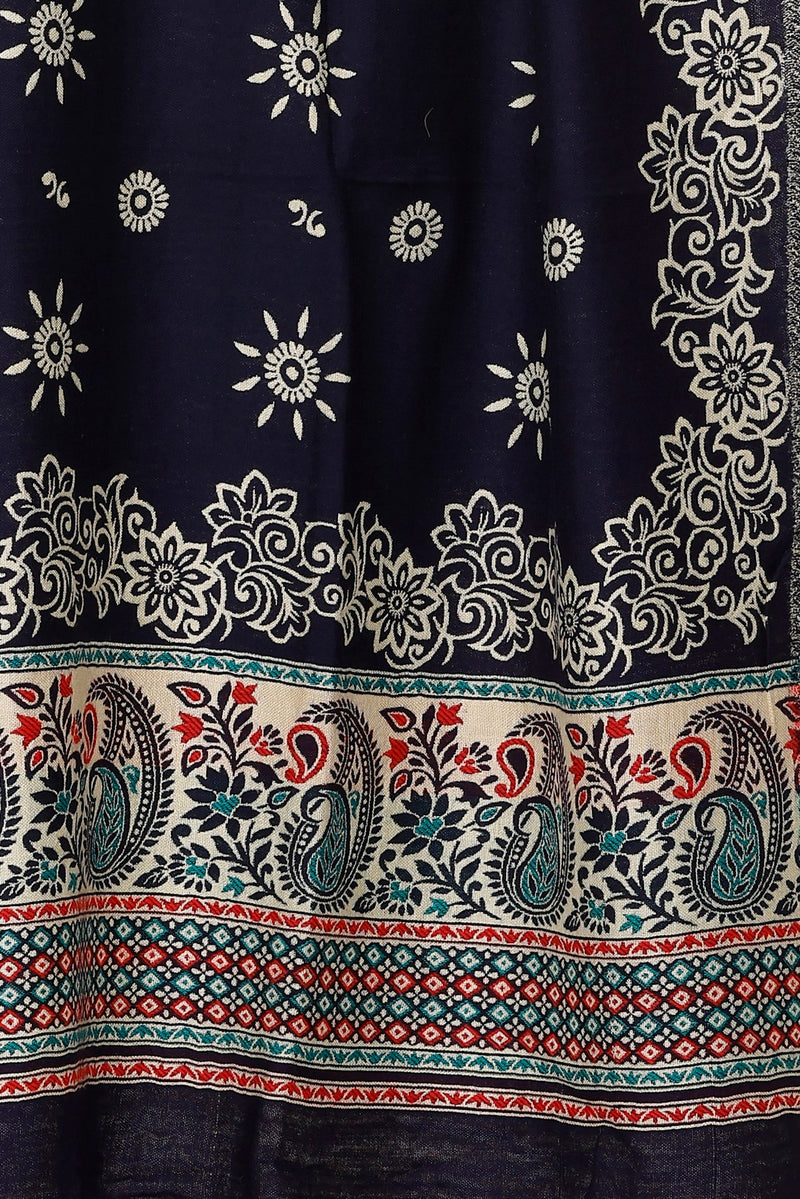 KRITI Floral Border Woollen Black Color Shawl For Women