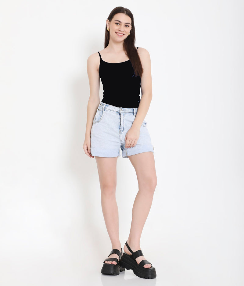 Solid Black 100% Soft Cotton Innerwear Camisole with Adjustable Straps for Women