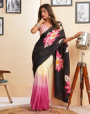 Ready To Wear Pink Cotton Floral Printed Saree With Pocket