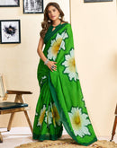 Ready To Wear Green Cotton Floral Printed Saree With Pocket