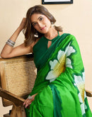 Ready To Wear Green Cotton Floral Printed Saree With Pocket