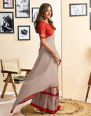 Ready To Wear Beige Cotton Printed Saree With Pocket