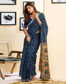 Ready To Wear Blue Cotton Printed Saree With Pocket