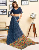 Ready To Wear Blue Cotton Printed Saree With Pocket