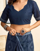 Ready To Wear Blue Cotton Printed Saree With Pocket