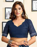 Ready To Wear Blue Cotton Printed Saree With Pocket
