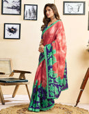 Ready To Wear Red Cotton Printed Saree With Pocket