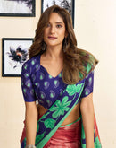 Ready To Wear Red Cotton Printed Saree With Pocket