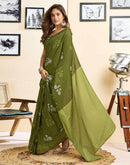 Ready To Wear Green Cotton Printed Saree With Pocket