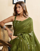 Ready To Wear Green Cotton Printed Saree With Pocket