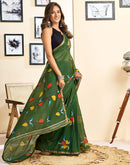 Ready To Wear Green Linen Floral Printed Saree