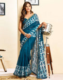 Ready To Wear Blue Linen Printed Saree