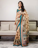 Ready To Wear Beige Silk Printed Saree