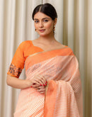 Ready To Wear Off White Linen Printed Saree